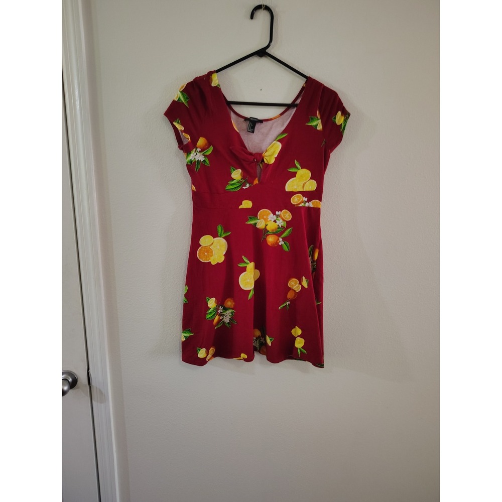 Forever 21‎ Red Lemon Citrus Print Tie Front Fit and Flare Mini Dress Large
